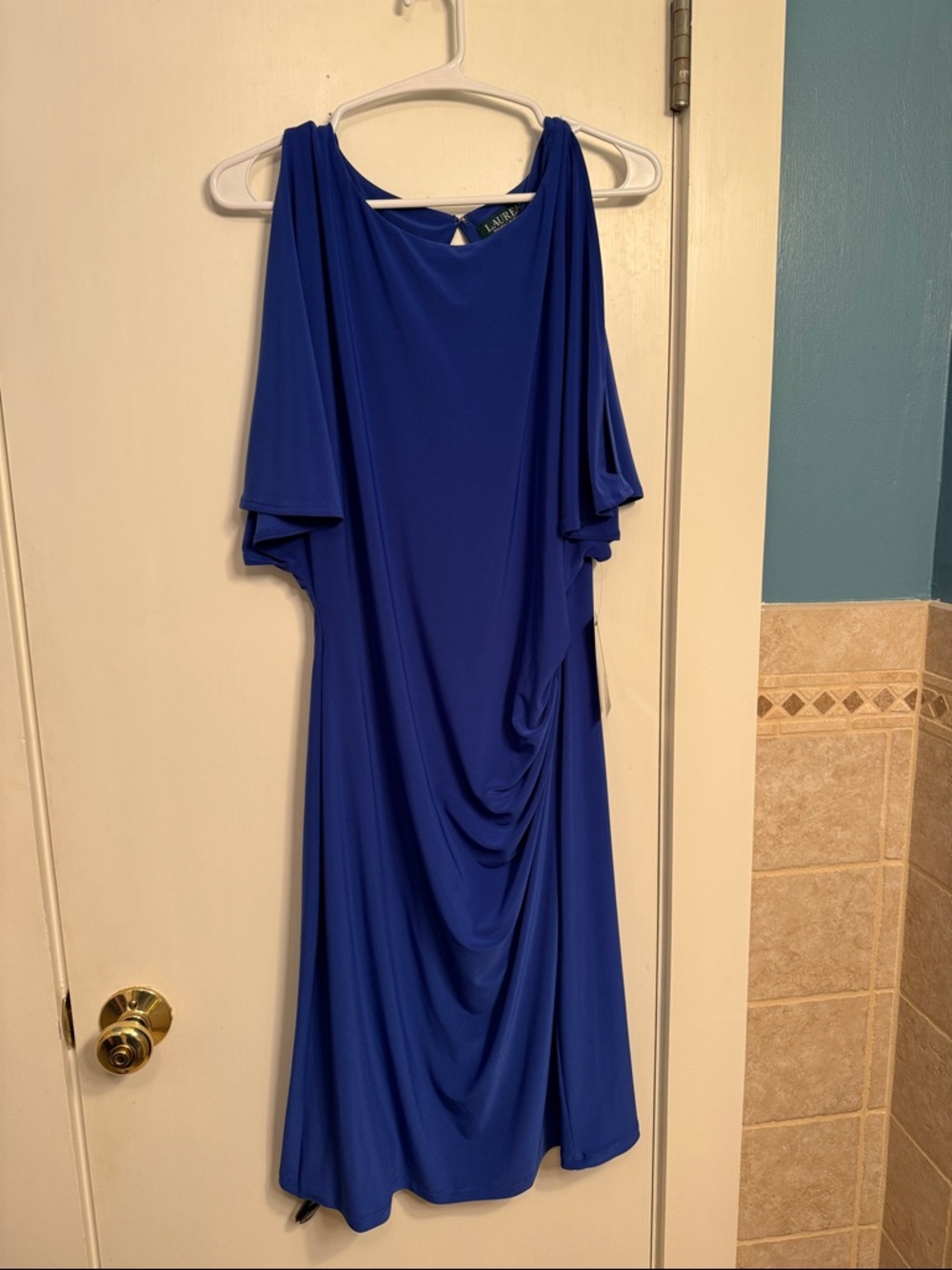 Lauren Ralph Lauren Cobalt Blue Midi Draped Cold-Shoulder Dress